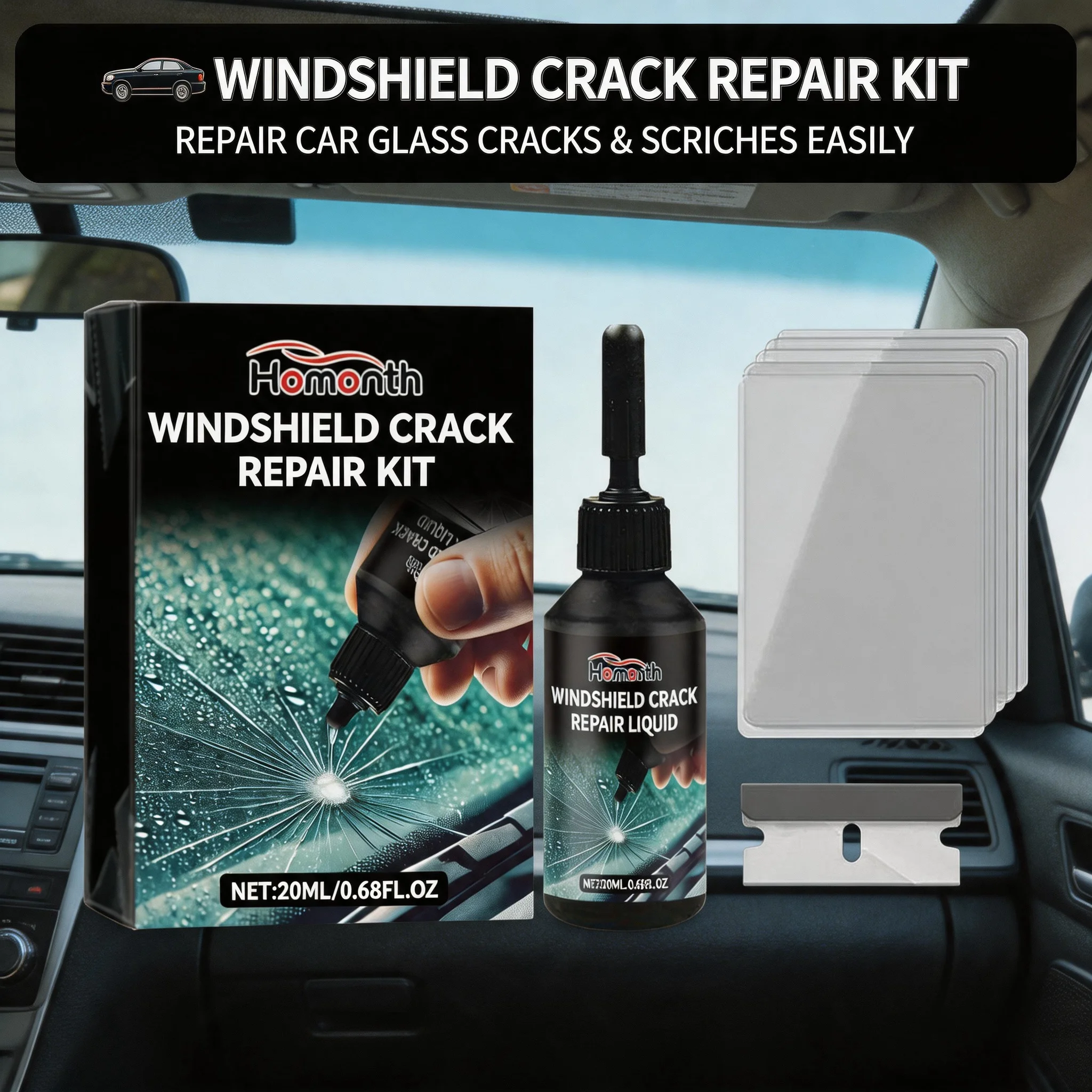 Car Glass Care Kit, Professional Universal Windshield Crack & Scratch Fast Quick Fix Adhesive Nano Repair Fluid