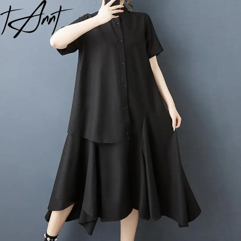 

Tannt Women Dress Asymmetry Patchwork Long Shirts Dresses For Women Shorts Sleeves Casual Fashion Long Dresses 2025 New