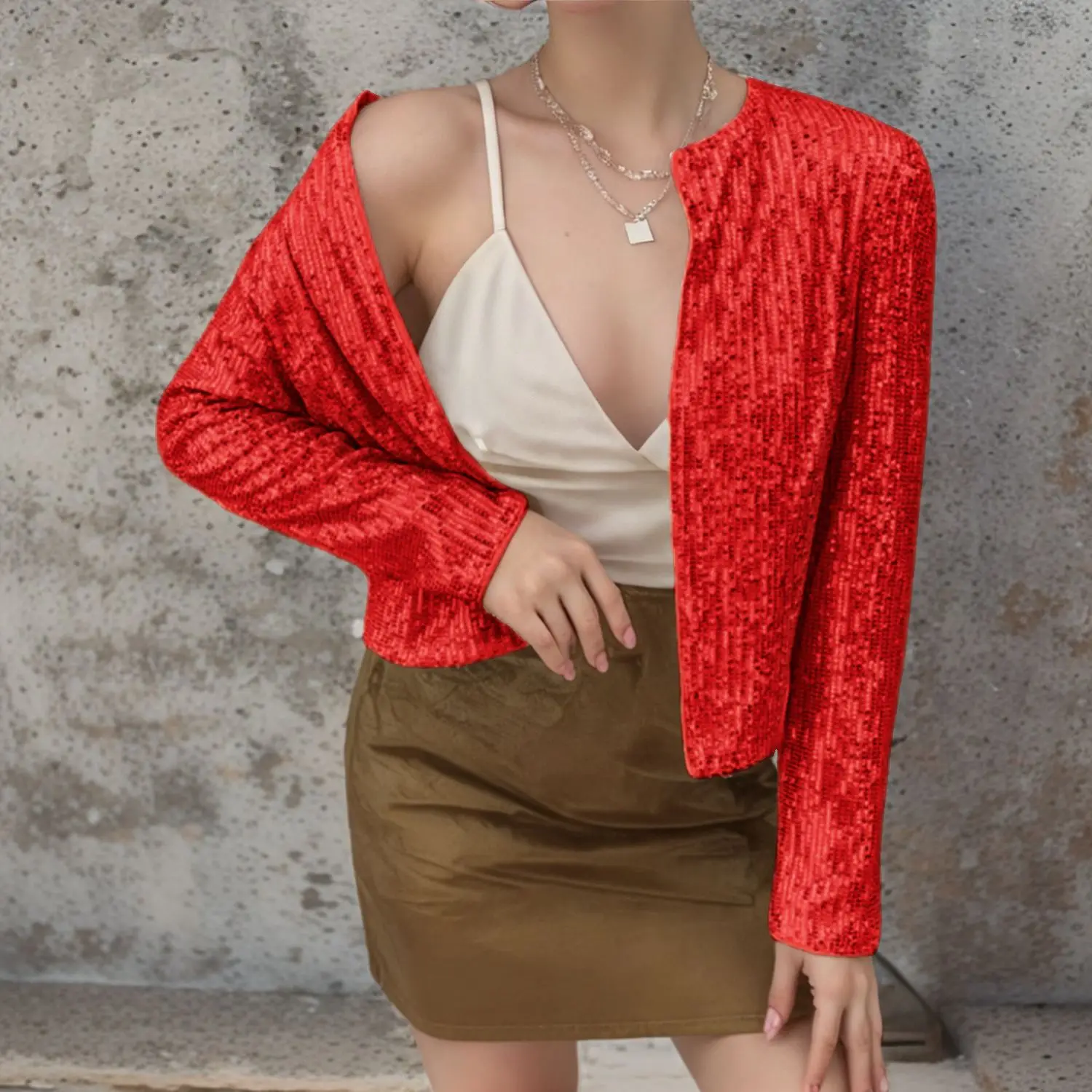 2026 autumn new women's round neck long sleeved sequined short jacket fashionable solid color cardigan casual versatile jacket