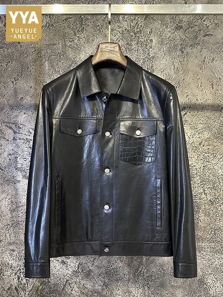 Top Quality Men Cowhide Genuine Leather Jacket Business Man Work Slim Fit Single Breasted Blazer Suit Coat Vintage Luxury Jacket