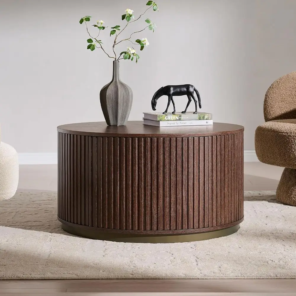 

Round 33 Coffee Table with Storage and Push-to-Open Drawer in Natural Walnut