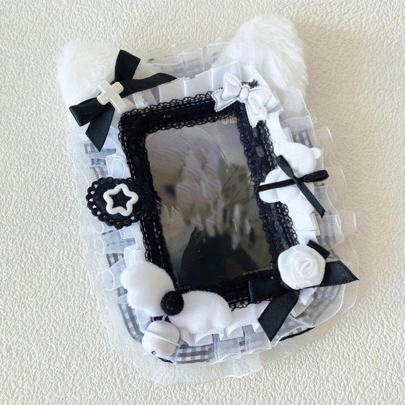 Funda de fototarjetas orejas de gato negro blanco encaje volantes lazo rosa ala decoración ventana transparente protector foto 3 pulgadas exhibición cartas coleccionables funda decorativa para tarjetas fotográficas