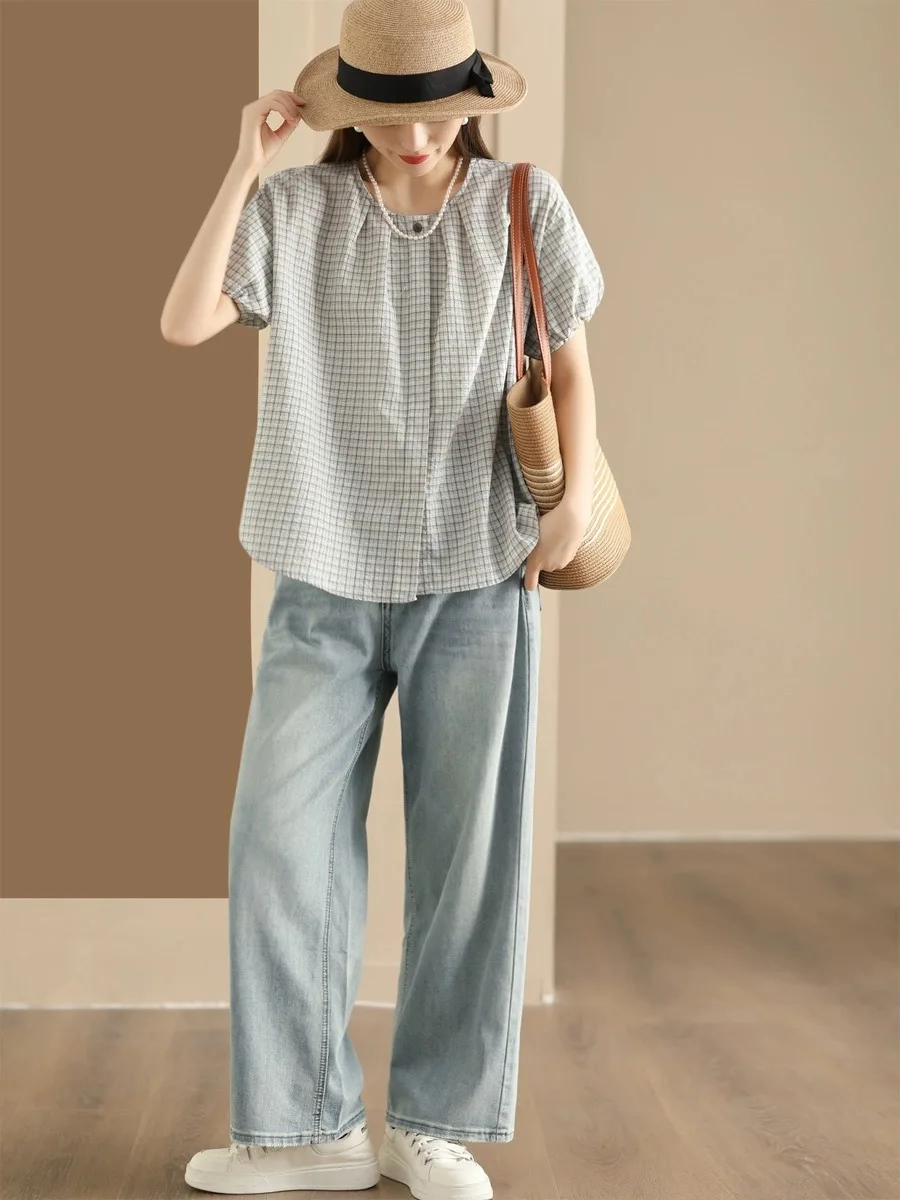 Casual Cotton Linen irt Women Summer Anti-Aging Bubble Sve round Ne Slimming Overhead Top Artistic Sle Commute Sle...