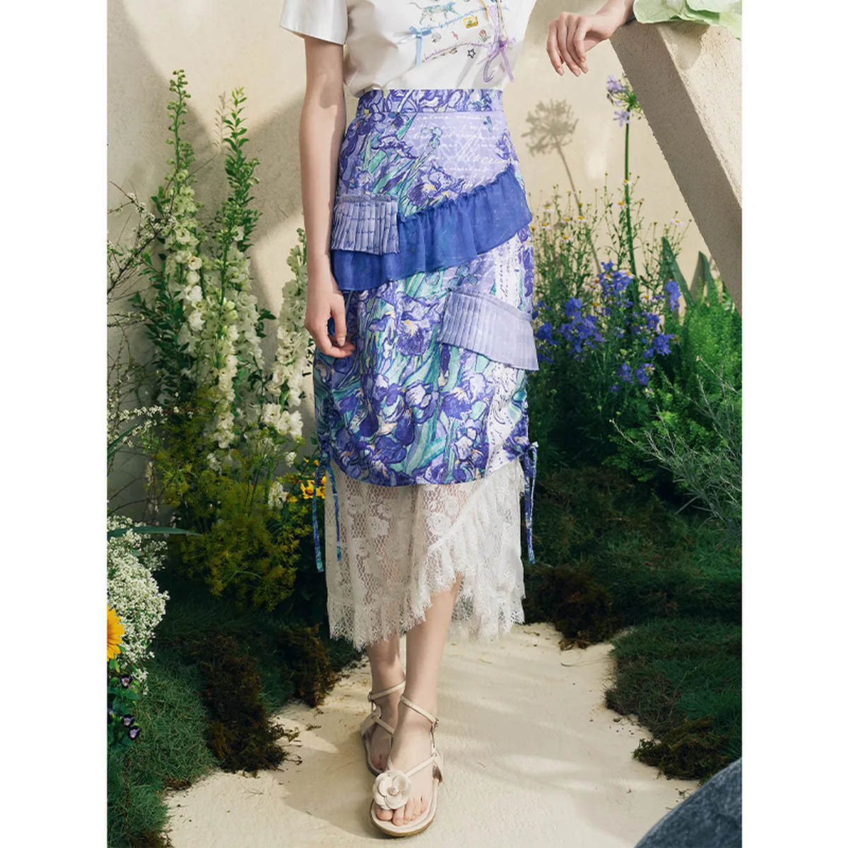 

Summer Chic Lightweight Rattan-Feel Voile Pleated Skirt with Ruffle Trim and Printed Lace