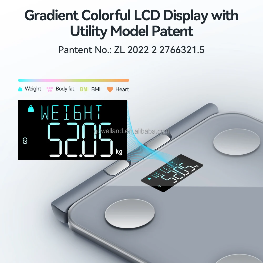 8 Electrode Tempered Safety Glass for Bluetooth Smart LCD Body Fat Scale Analyzer 180kg Weight Capacity Battery Powered