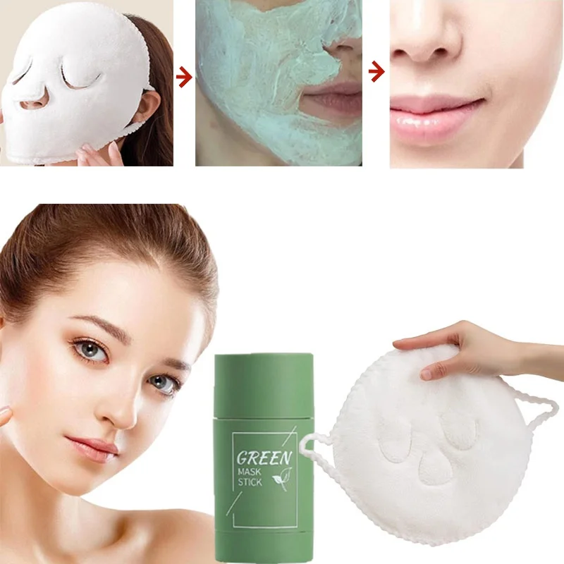 

Deep Cleansing Skincare Set Green Tea Solid Refreshing Mud Mask and Thickened Ear Hanging Facial Hot Compress Towel Shrink Pores