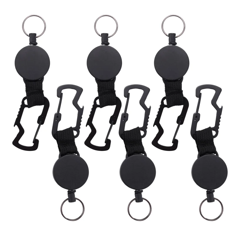 B30C-6 Pack Retractable Keychain - Heavy Duty Badge Holder Reel With Multitool Carabiner Clip, Up To 25 Inches,Black