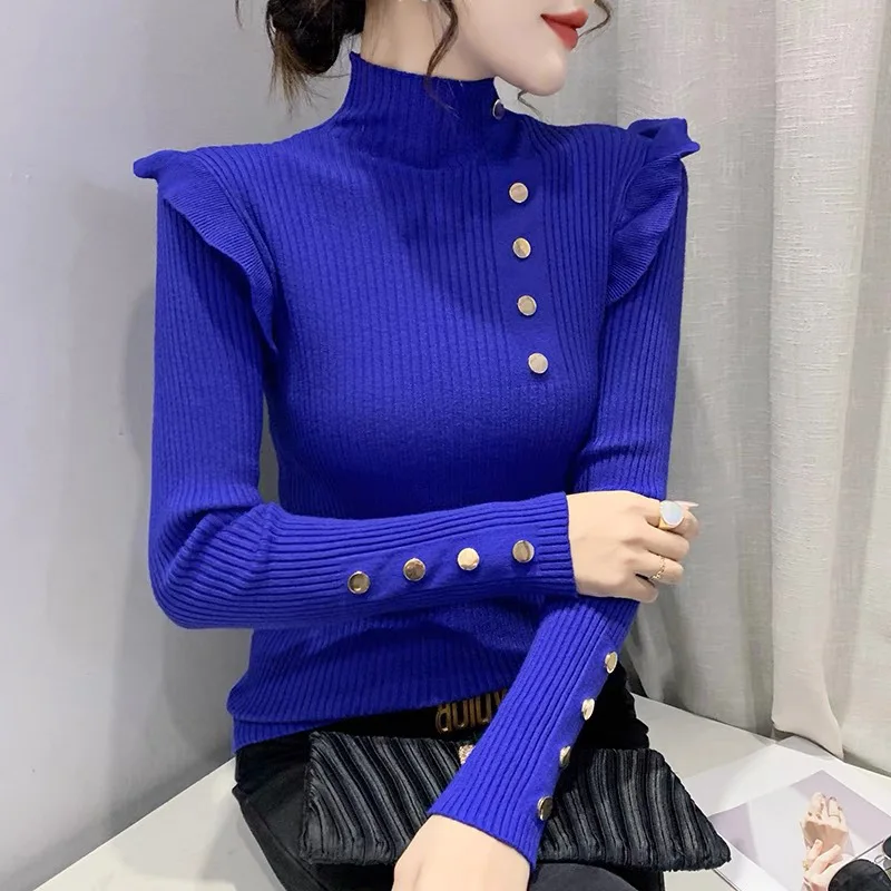 Women Butterfly Sleeve Sweater 2023 Korean Turtleneck Basic Knitted Pullover All-Match Office Lady Korean Basic Knitwear Top
