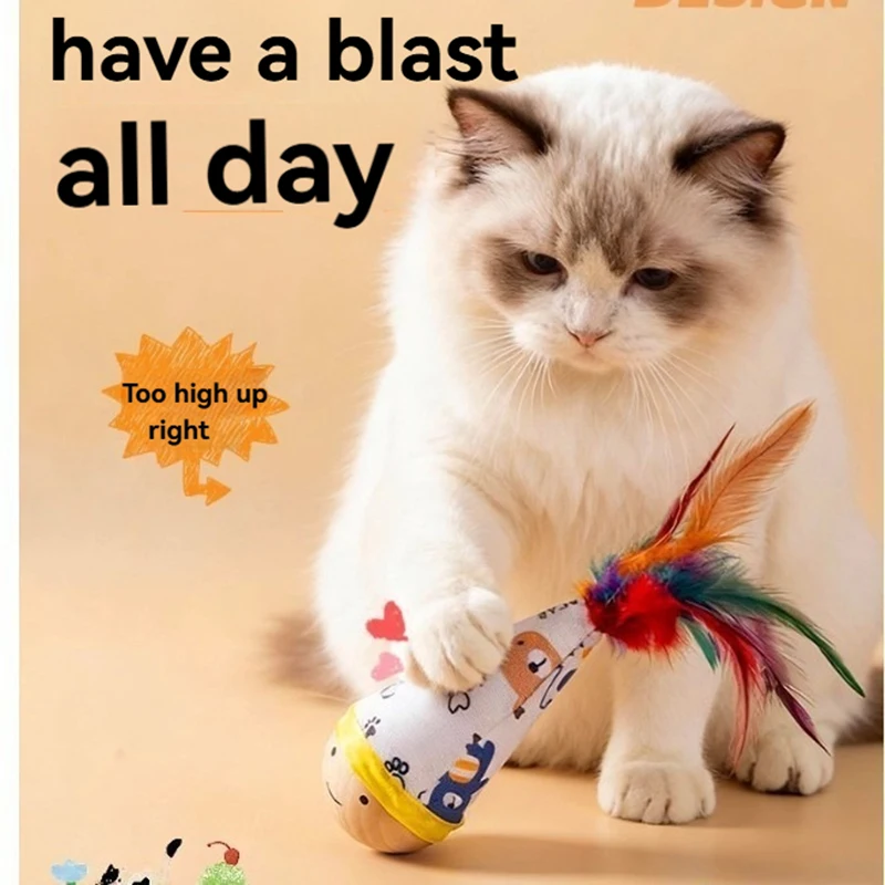 Interactive Cat Feather Wobble Toy, Cute Cartoon Teasing Toy for Kittens, Fun Indoor Cat Swinging Chew Toy