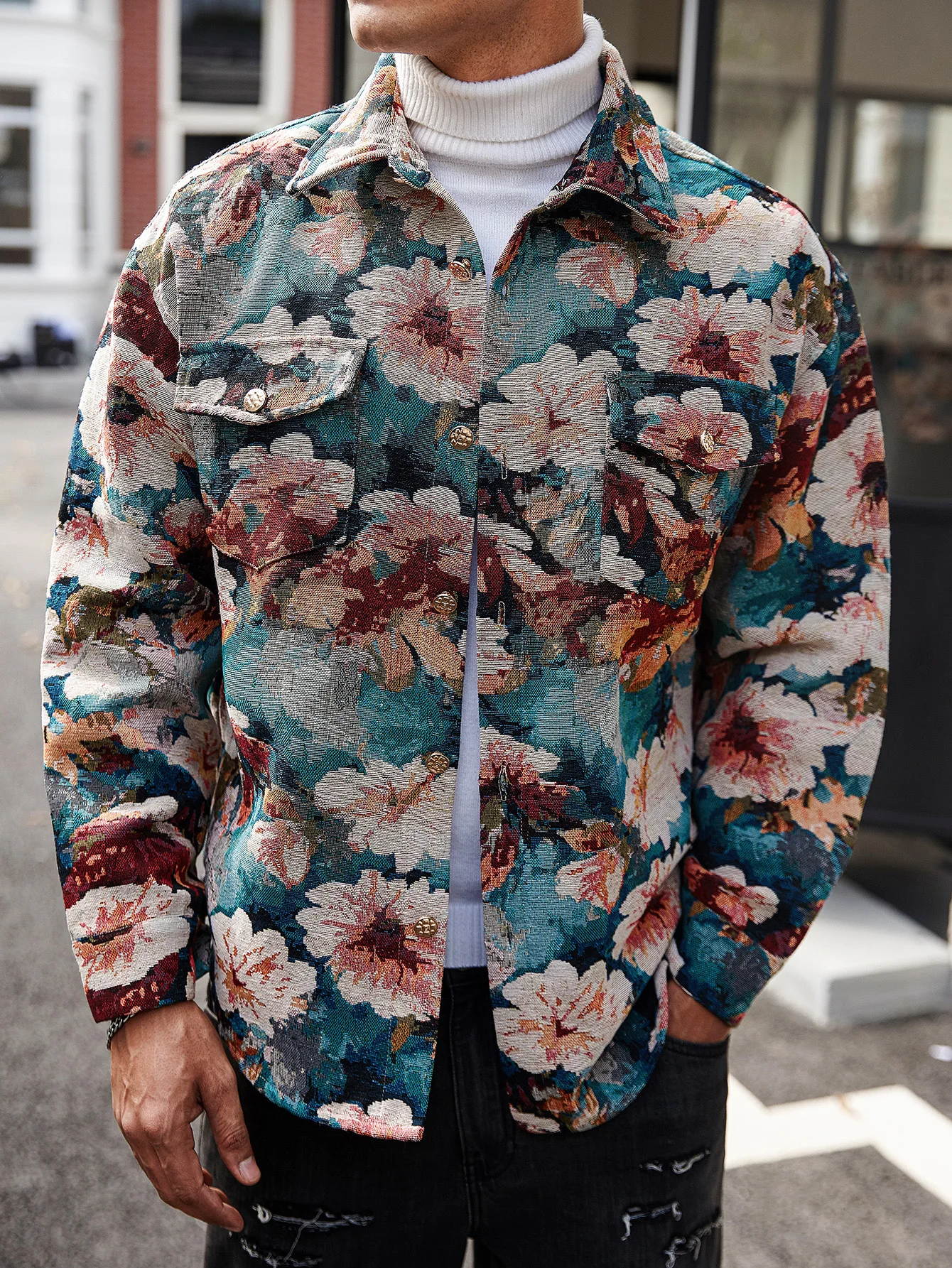 

Men's Retro Fashion Floral Jacquard Jacket Trendy Lapel Pocket Decoration Shirt-Style Jacket