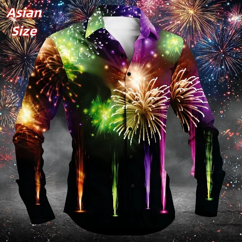 

Разноцветные гавайские рубашки с пиротехническим узором для мужчин, новогодние неоновые рубашки Aloha с 3D принтом, повседневные топы, блузки с длинными рукавами