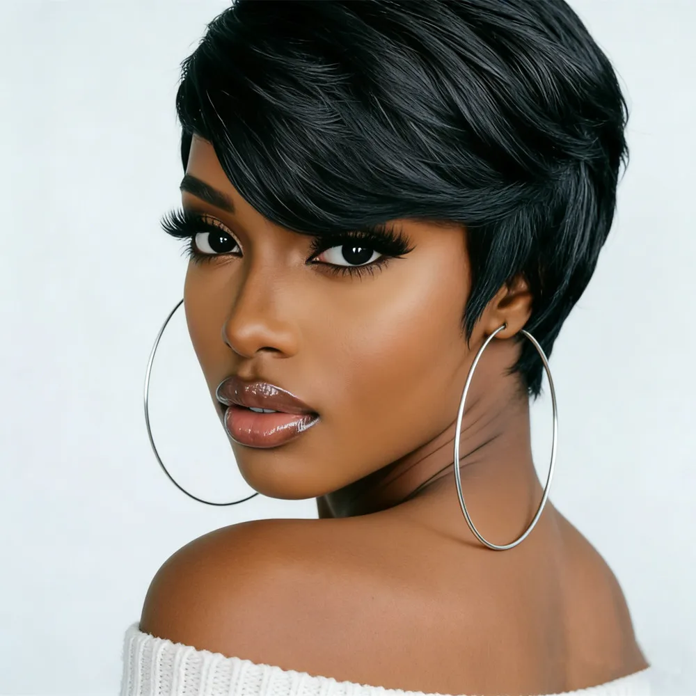 

6inch black color short straight pixie cut machine made 150% density human hair wigs for women daily party use