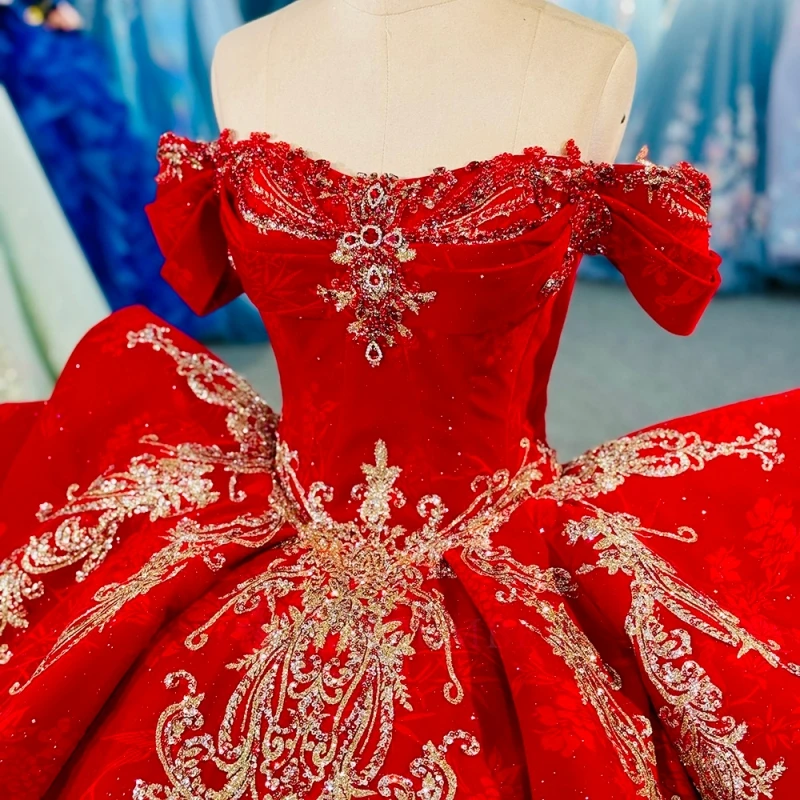 Vestidos quinceanera vermelhos fora do ombro, apliques dourados, renda, miçangas, cristal, festa de aniversário, doce 16, 15 de anos