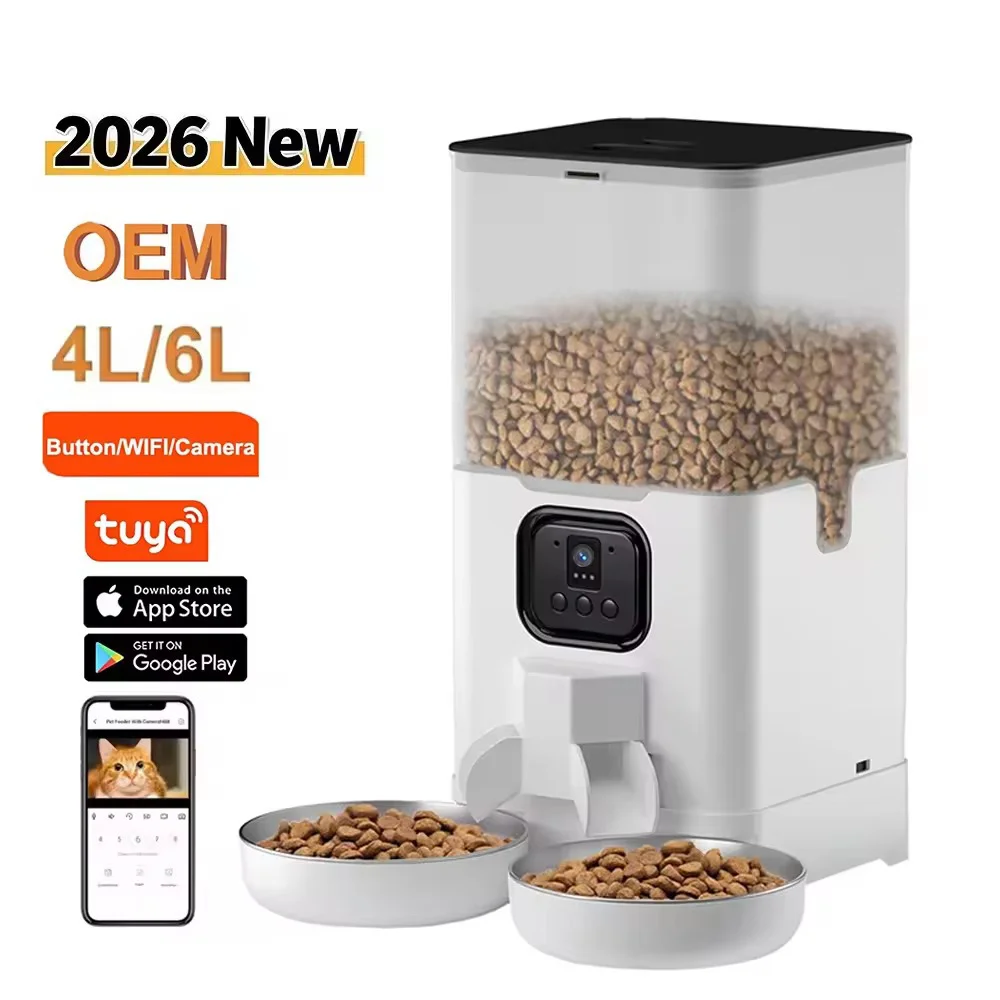 

4L/6L Dual Bowls Automatic Cat Feeder with Camera APP Smart Pet Feeder Stainless Steel Bowl Dog Dry Food Dispenser