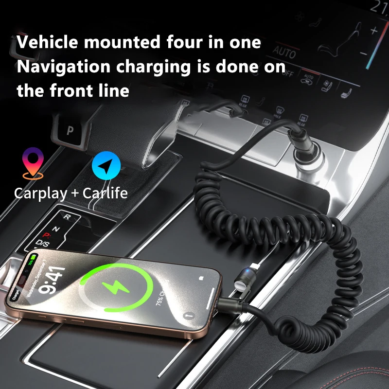 240W Fast Charging Spring Cable 2M CarPlay Android Auto 4in1 Type C USB Lightning for iPhone 16 Huawei Samsung Car Charger Cable