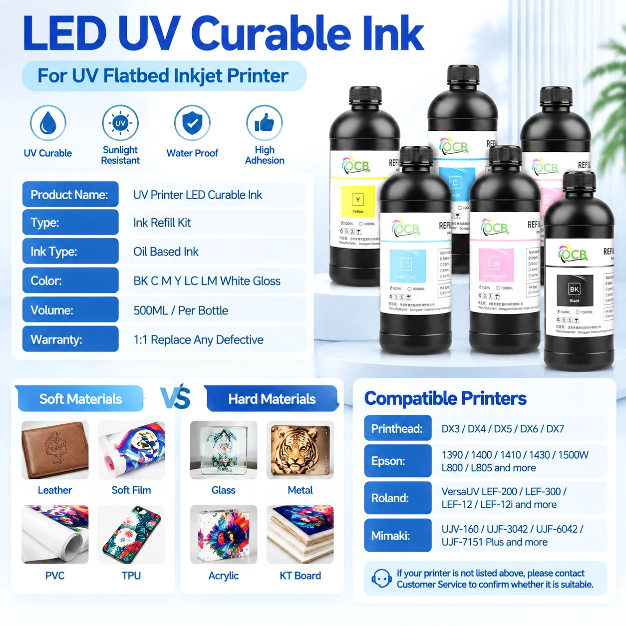 500ML LED UV Ink for Epson Roland for Mimaki Mutoh DX4 DX5 DX6 DX7 I3200 L1800 XP600 Printhead UV Flatbed Inkjet Printer