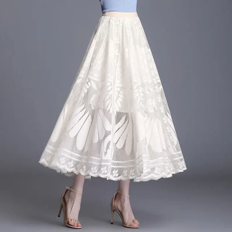 Fashion Elastic Waist Spliced Gauze Lace High Waist Skirt Women's Clothing Spring New Loose Solid Color Office Lady Skirts
