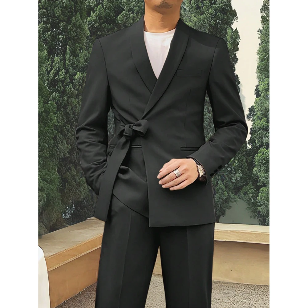 

Classic Black Men's Suits 2 Pieces Jacket Pants Sets Shawl Lapel Belted High Quality Outfits Customize Male Casual Clothing