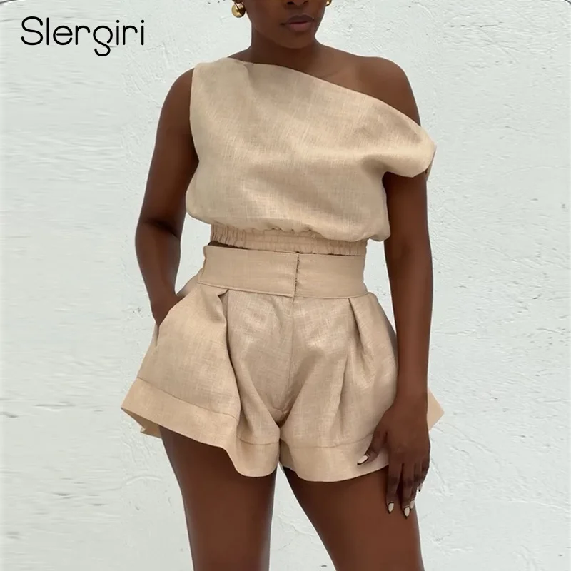 

Slergiri Women's Summer Shorts Set 2025 New Solid Asymmetric Neck Crop Top with High Elastic Waist Shorts Woman Two Piece Outfit