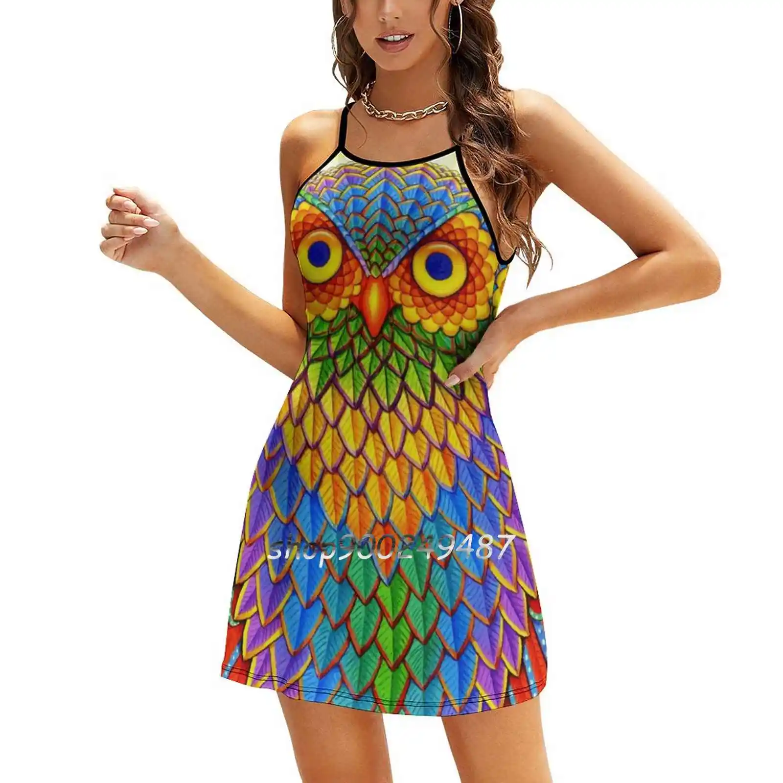 Colorful Psychedelic Rainbow Owl Women Casual High Waist Mini Dress Short and Long Sleeve Dresses Fashion Dress Owl Psychedelic