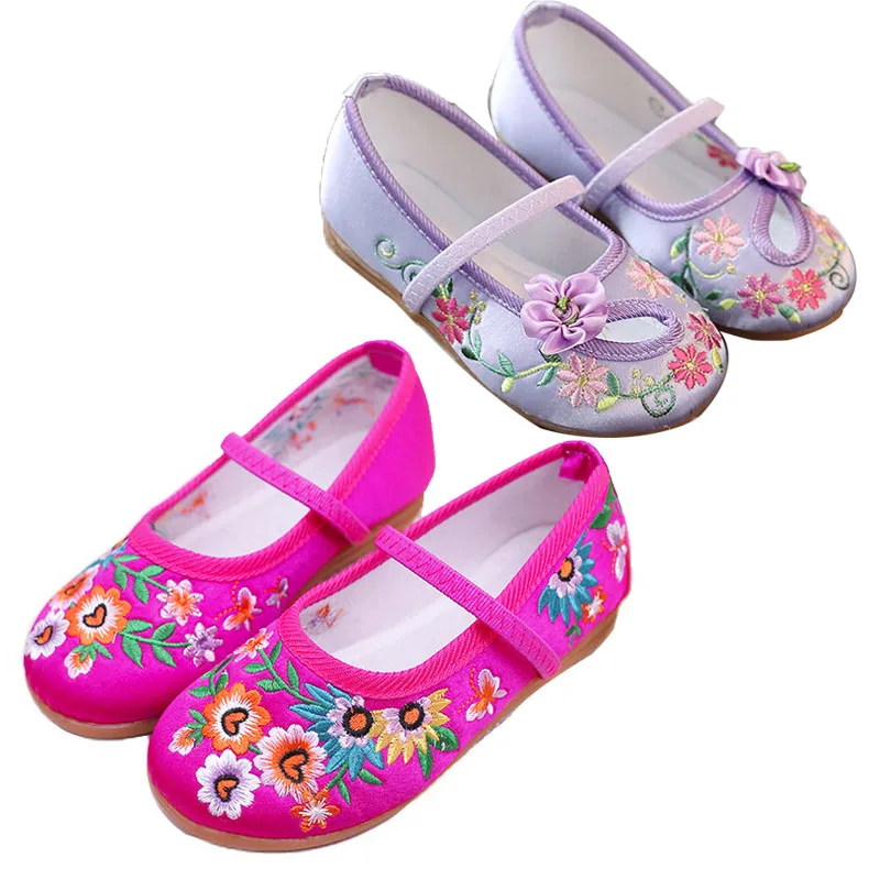 Kids Girls Shoes Fashion Floral Flats Embroidery Wear Comfortably Chinese Style Children's Baby Shoes Protective Foot Size 25-34