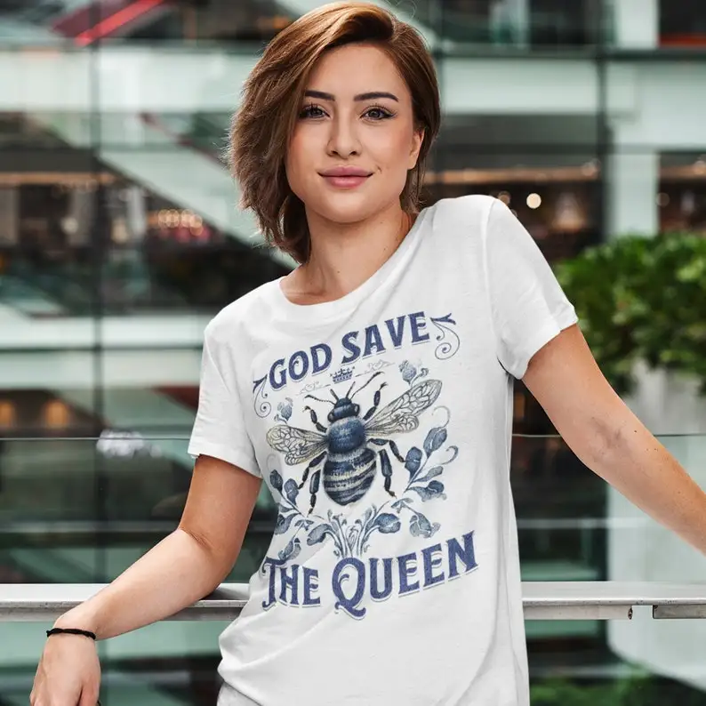 God Save the Queen Bee Short Sleeve Tee, Queen Bee T Shirt, Save the Bees Shirt, Botanical Bee T Shirt, Beekeeper Gift