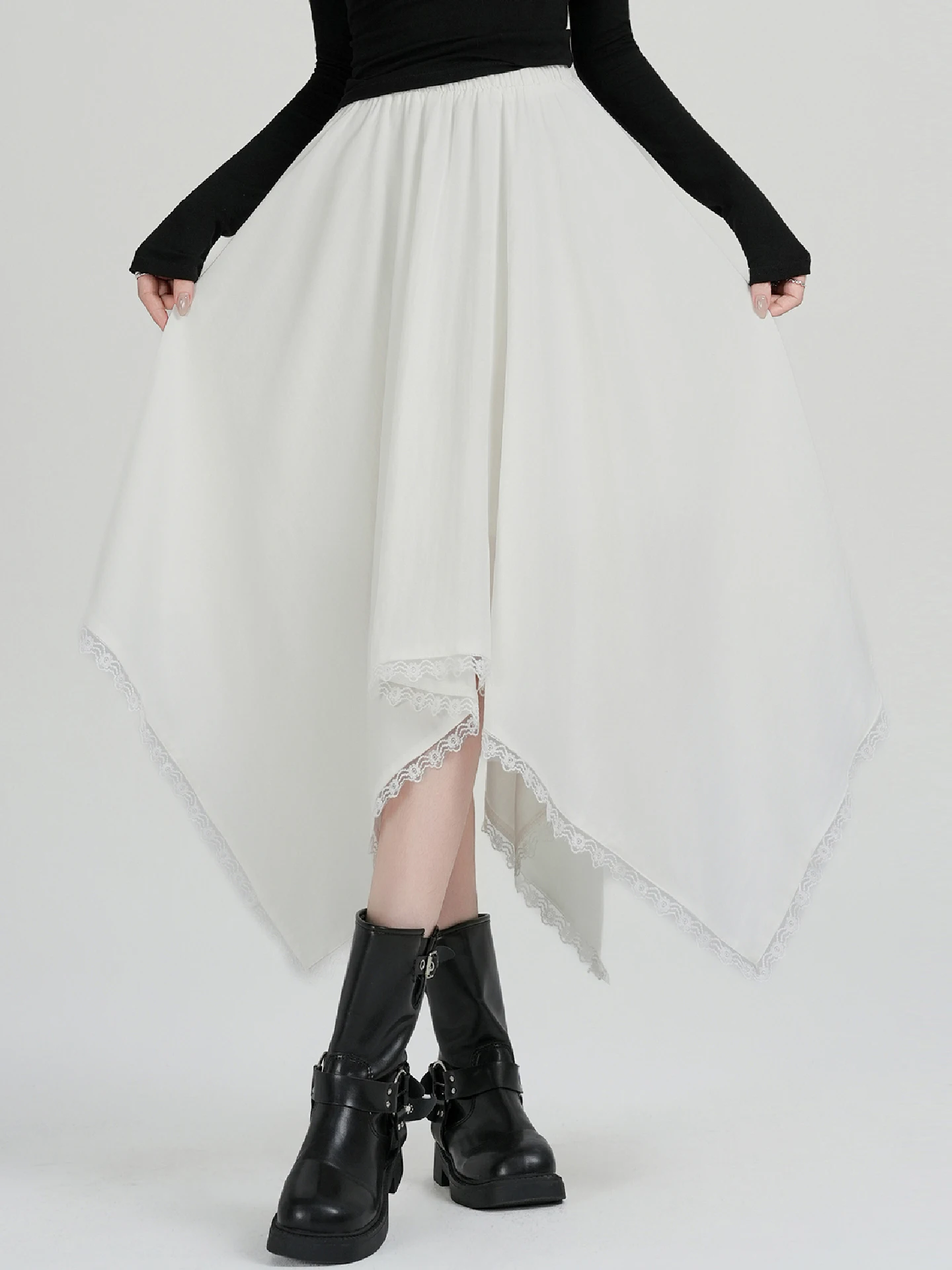 

Юбка миди А-силуэта с асимметричным кружевным краем, на резинке, уникальная, в корейском стиле, для повседневной носки, из полиэфирного волокна