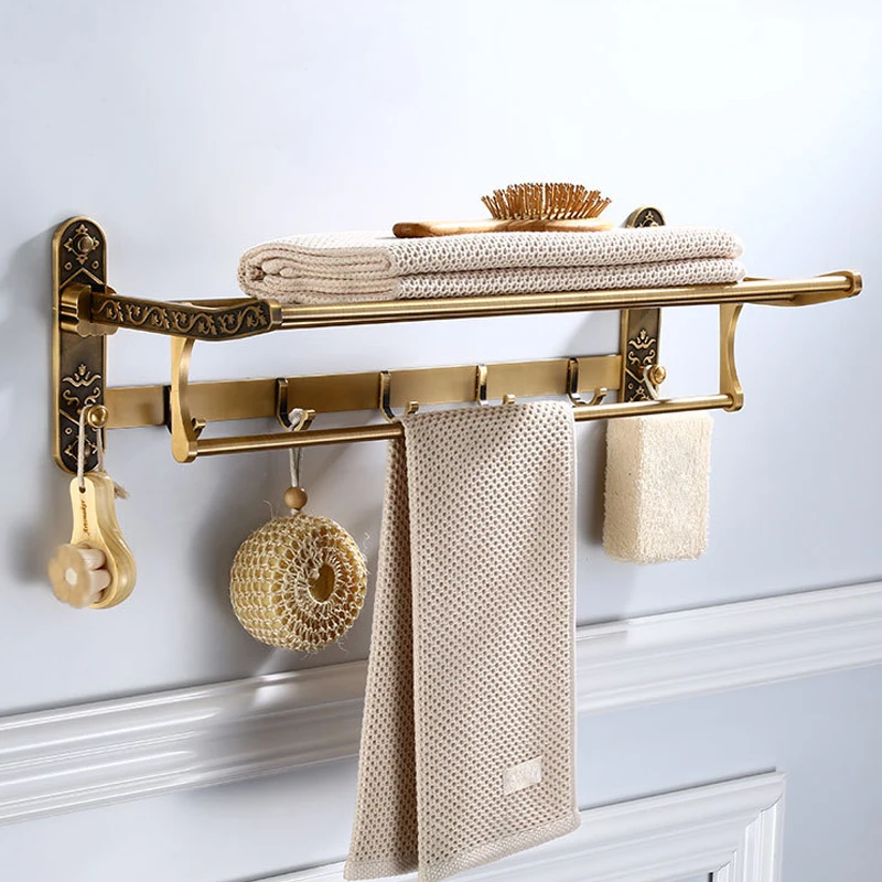 

Алюминиевая складная античная латунная вешалка для банных полотенец, активный держатель для полотенец для ванной комнаты, двойная полка для полотенец с крючками, аксессуары для ванной комнаты