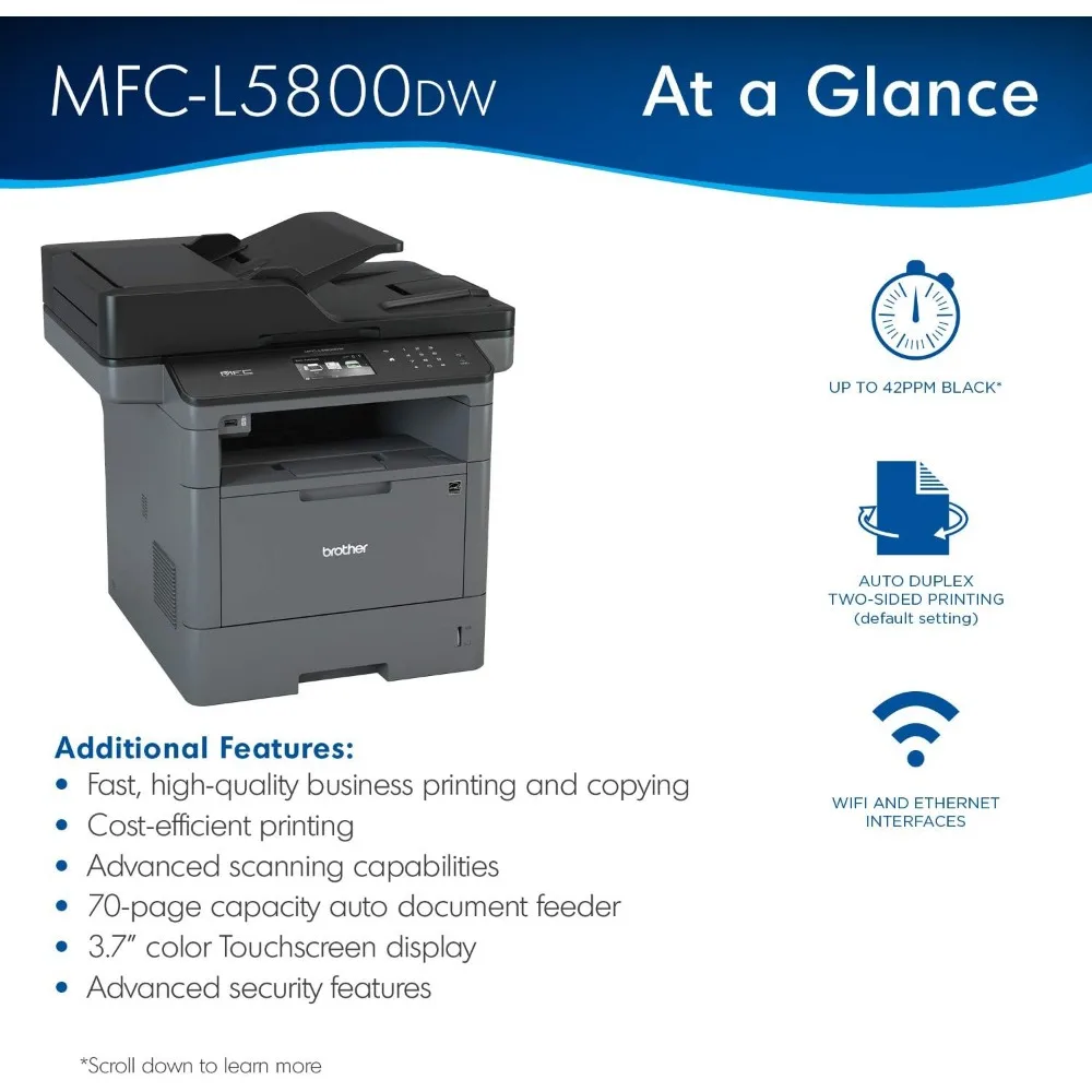 Monochrome Laser Printer, Multifunction Printer, All-in-One Printer, MFC-L5800DW, Wireless Networking, Mobile Printing