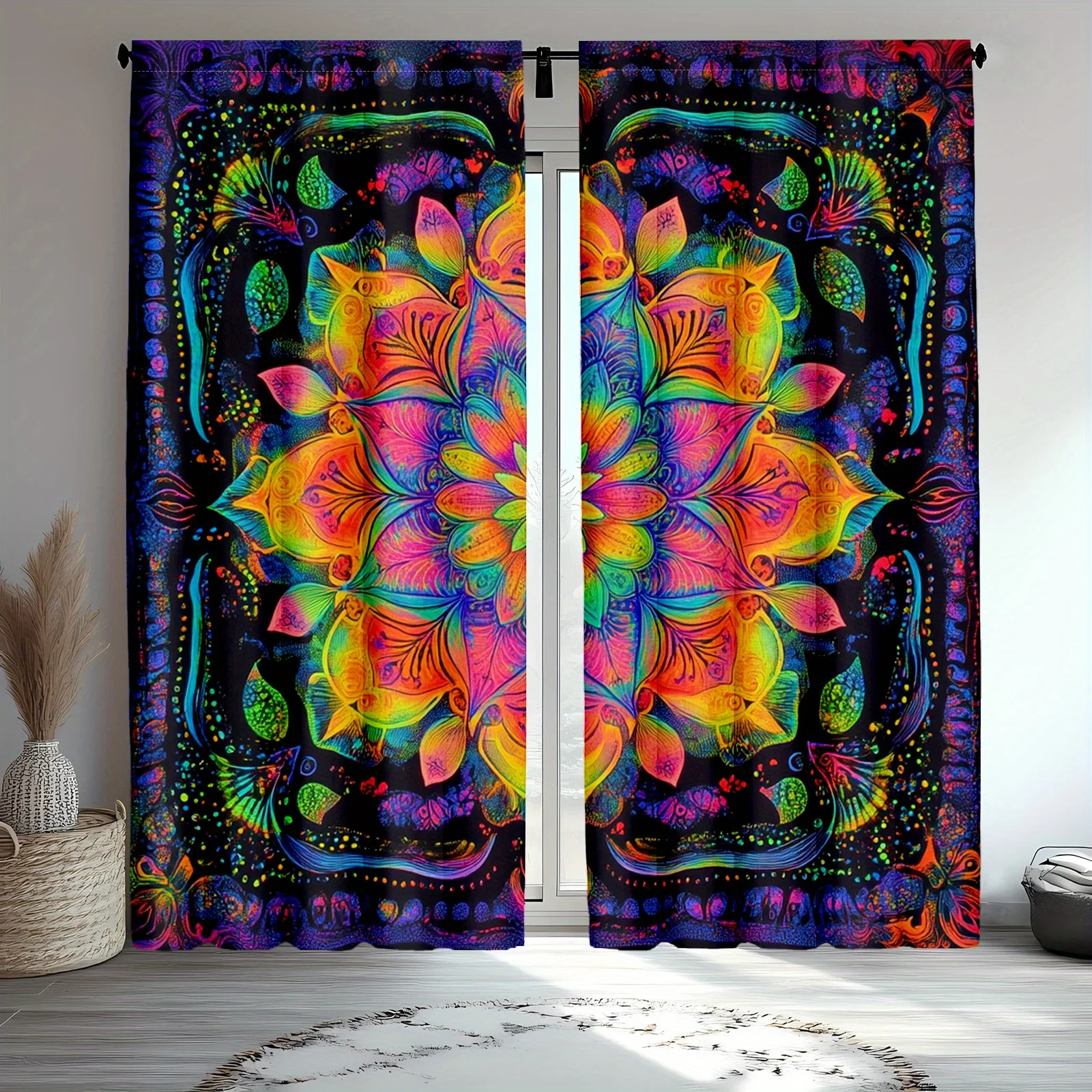 Psychedelic Rainbow Mandala Blackout Rod Pocket Curtain Neon Floral Fish Hippie Decor Boho Homestay Party Rest Bay Window