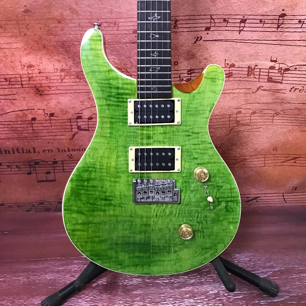 Hot Sale Double Cutaway Electric 24 Frets Tiger Flame Maple Top Transparent Green Burst Gloss Finish HH Pickups Bird Inlays