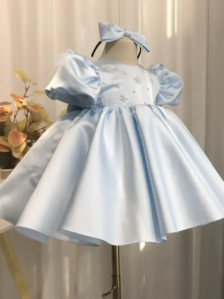 Baby Girls Party Dress Kids Beading Puff Sleeves Plain Ball Gowns Children Baptism 1st Birthday Flower Girl Dresses for Wedding