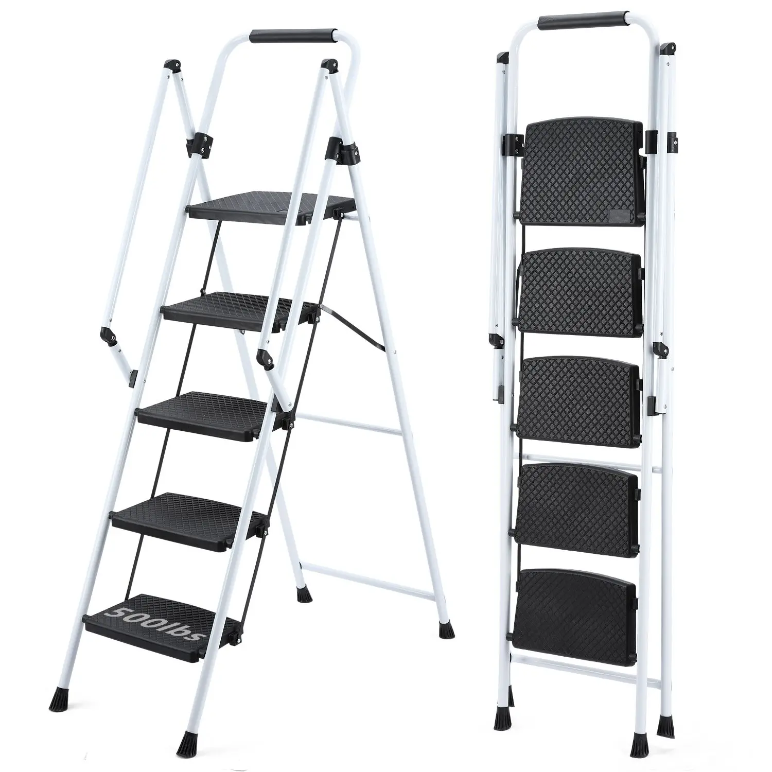 ladder, folding ladder stool, with anti slip wide pedals, steel ladder, with safety anti slip handle, lightweight 300 pound port