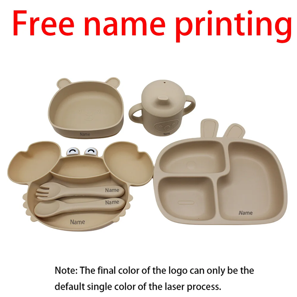 Free Name Printing Kids' Tableware Set: Plate, Bowl, Cup, Fork, Spoon Silicone Material Gift for Boys and Girls