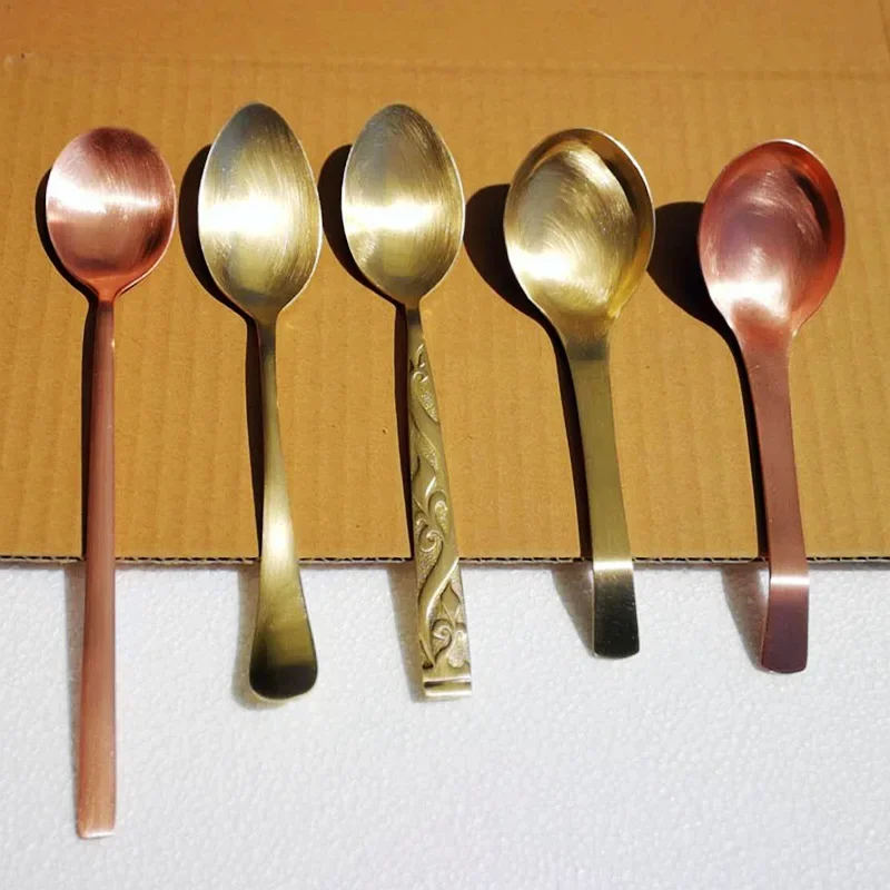 Good quality thickened long handle pure/red copper eating brass spoon tableware hand brushed
