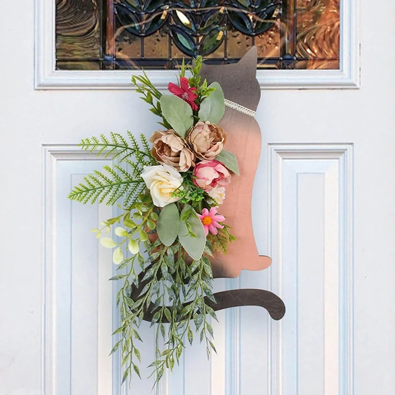 Spring Cats Wreaths For Front Door, Artificial Spring Summer Cats Door Wreaths With Green Leaf, Farmhouse Wreath 25 X 5 X 40Cm