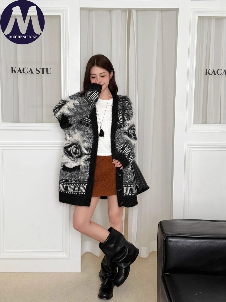 

Женский кардиган с v-образным вырезом и геометрическим узором, вязаный свитер, свободный крой, корейская мода, осенне-зимнее повседневное теплое пальто