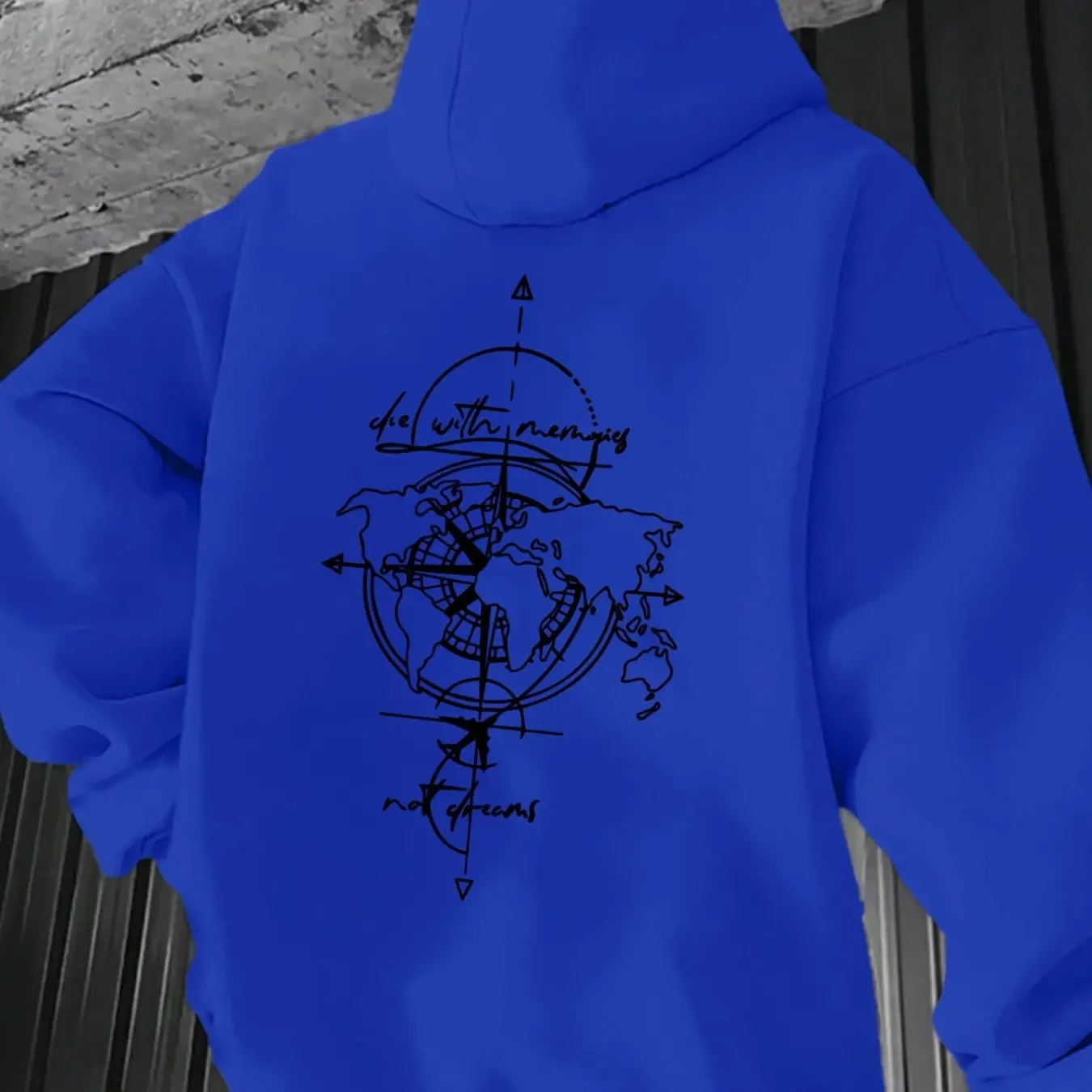 Minimalist Line Drawing Hooded Sweatshirt Men World Map Compass Letter Back Print Casual Loose Long Sleeve Top