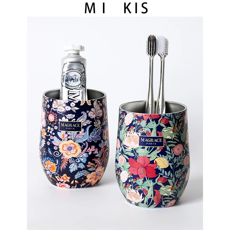 Stainless Steel Toothbrush Holder Couple Mouth Rinse Cup Brush Stand Luxury Pair Tooth Jug Cup Brush Storage Rack Bathroom Ac...