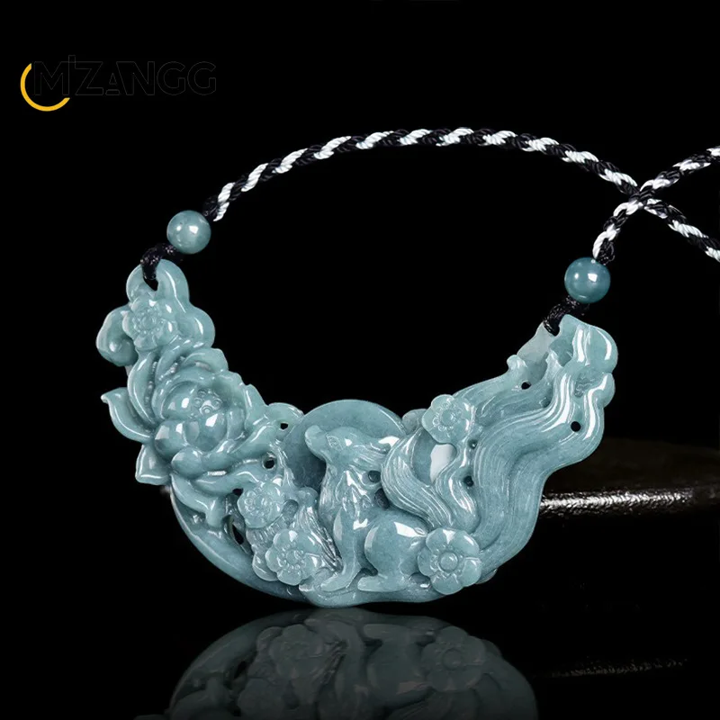 Natural Jadeite Blue Water Nine-Tailed Fox Pendant 3D Carved Premium Fashion Nuo-Zhong Jade Necklace Unisex Ideal Holidays Gift