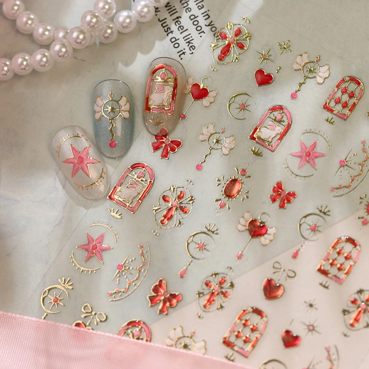 Elegant Vintage 5D Nail Stickers Gold Edge Arch Window Star Bow Heart Crescent Floral Wreath Pendant Self‑Adhesive Nail Decals