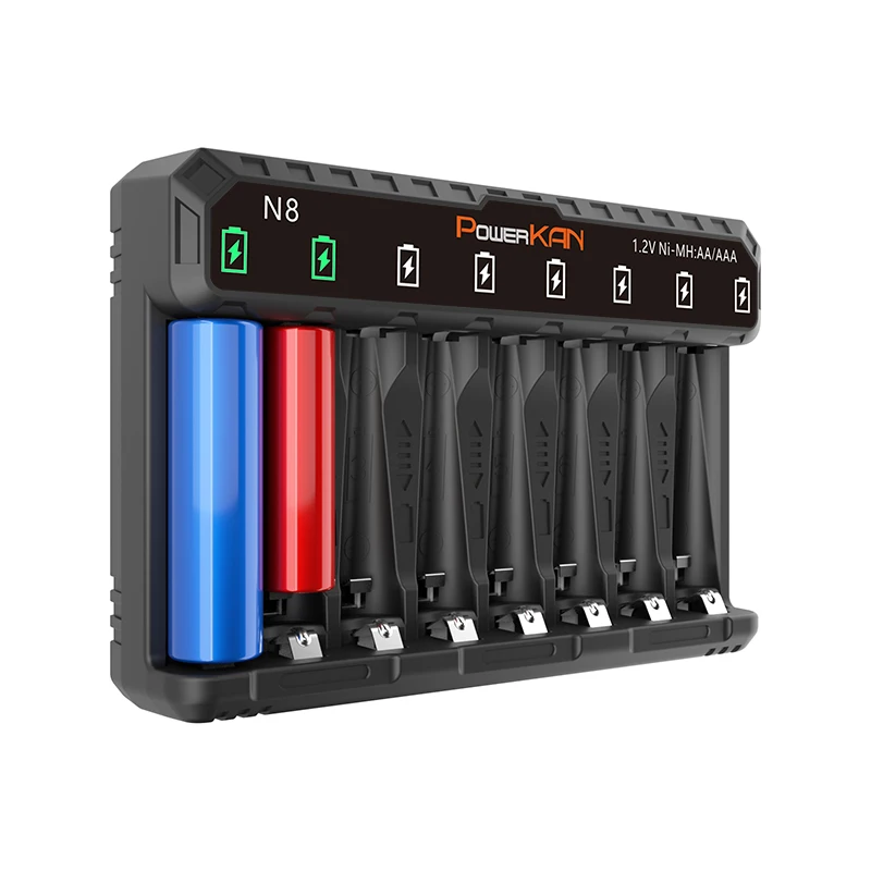 POWERKAN N8 Battery Charger LED can be independently used for 8 1.2V Ni-MH/Cd AA AAA rechargeable batteries USB 5V 2A Type-C