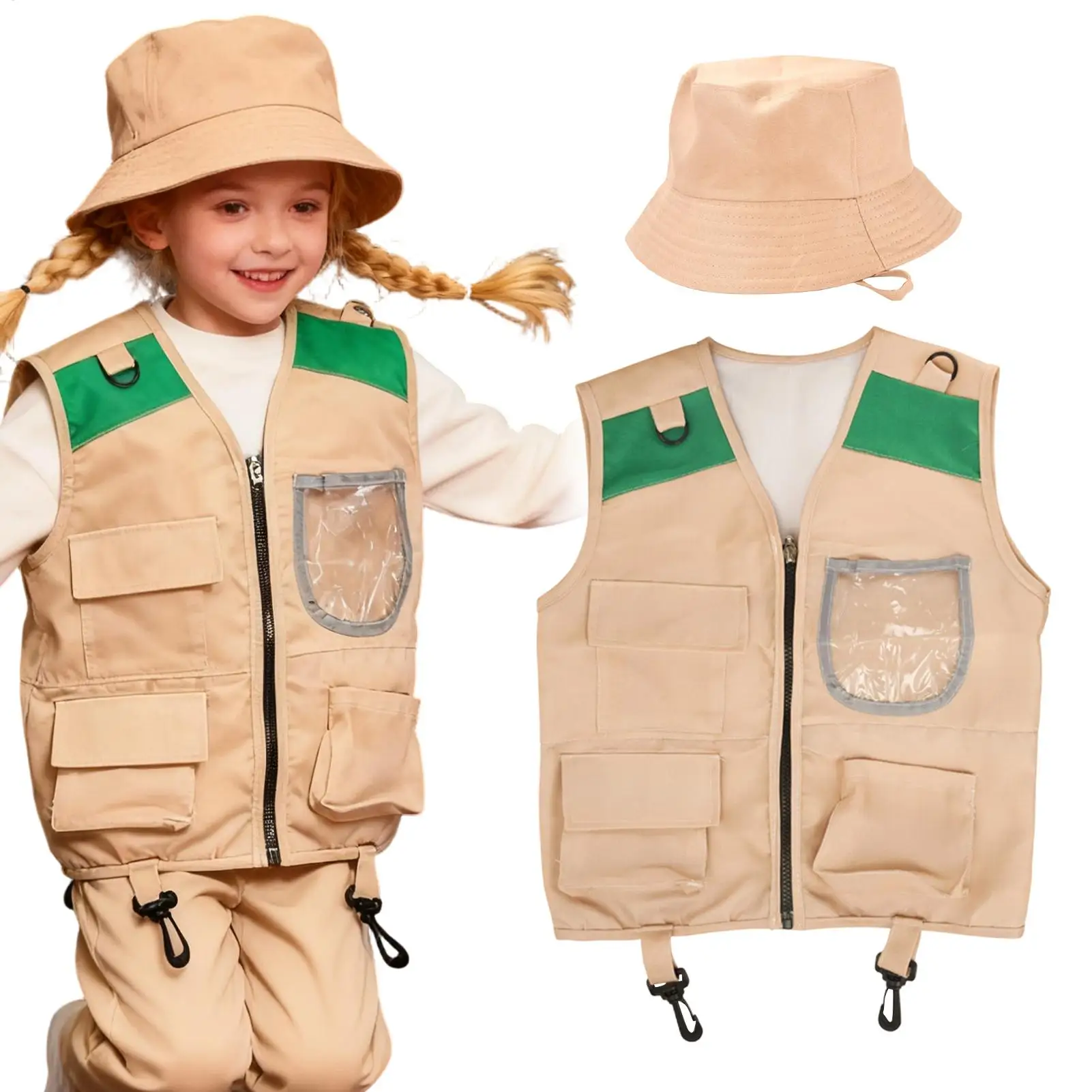 Safari Explorer Costume Kids Role Play Outdoor Adventure Kit Kids Explorer Vest and Hat Costume for Boy Girls Fishing Camping