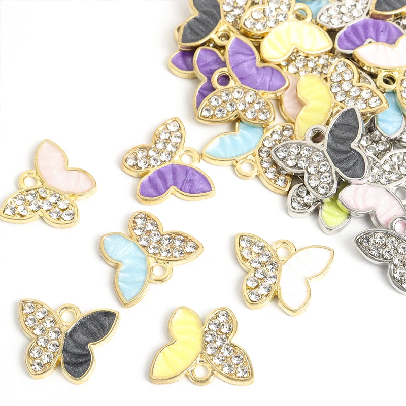 10pcs Cute Enamel Inlaid Crystal Butterfly Charms Cartoon Insects Animal DIY Earrings Necklace Bracelet Exquisite Accessories