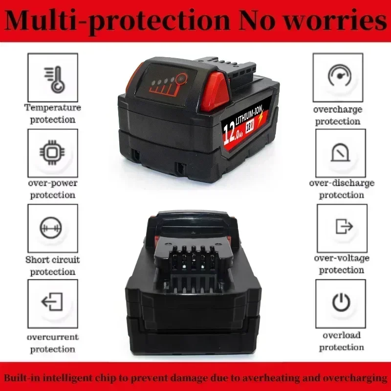 Original For Milwaukee M18 Power Tool Battery, Charger, BR, XC, 18V, 12000mAh M18B5, 48-11-1860, Built-in 21700 Battery