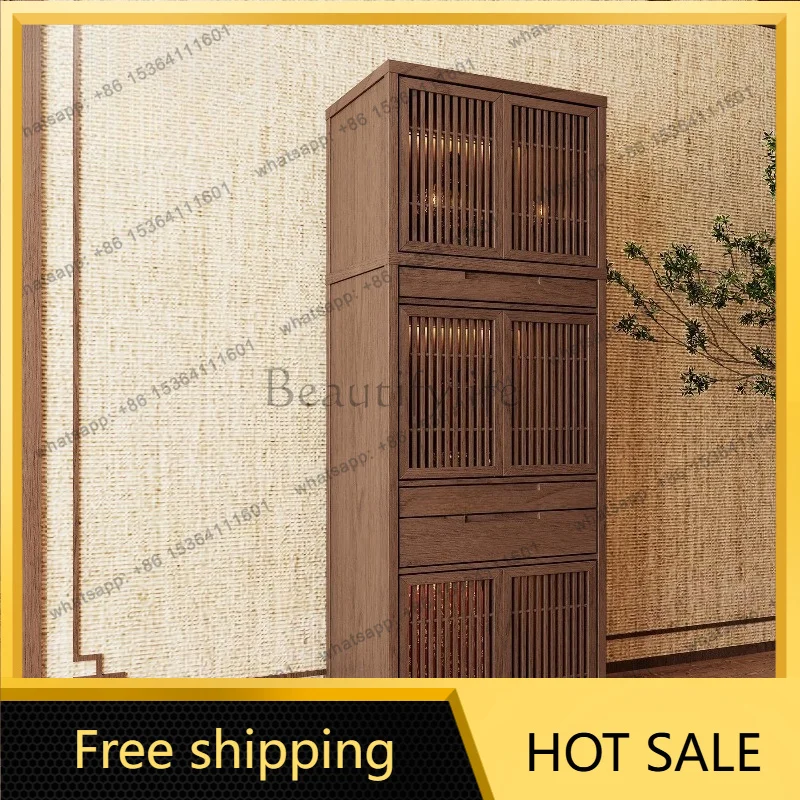 YJ Three‑Tier Ash Wood Standing Shrine Cabinet New Chinese Solid Wood With Door Household Altar For Guanyin God of Wealth
