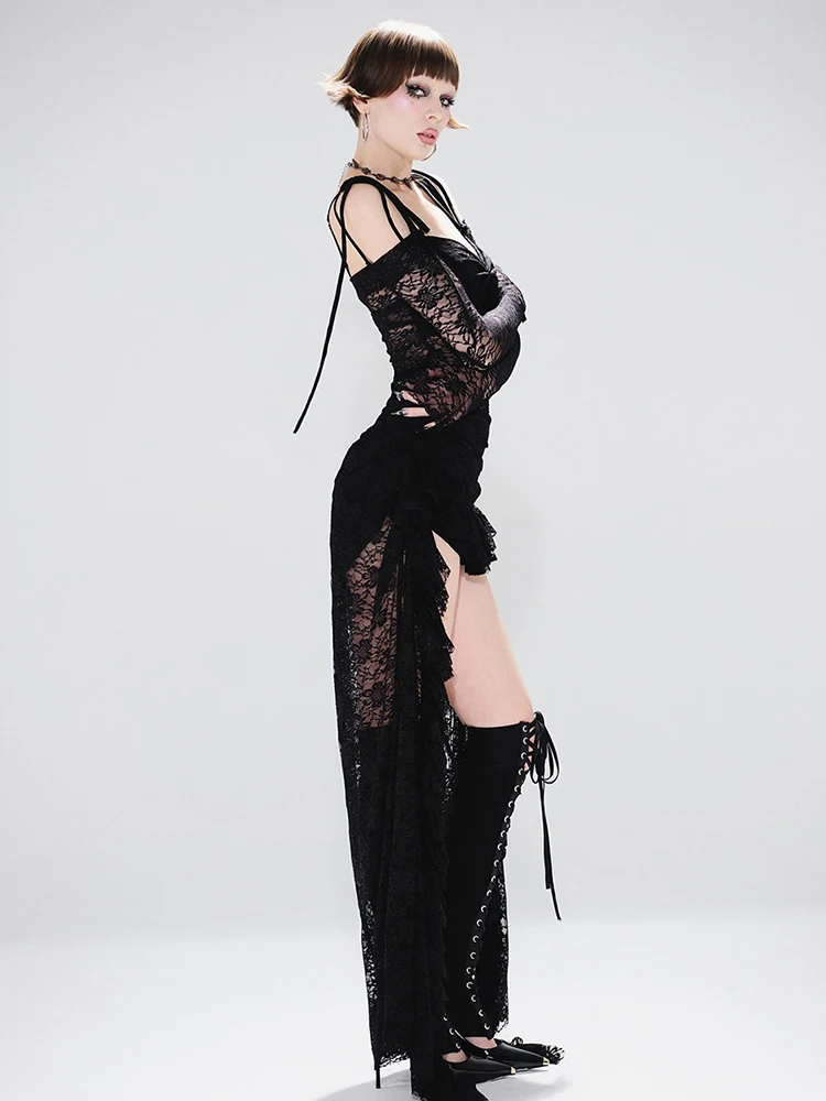 فستان Sisterlinda شفاف من قماش الجاكار للنساء مثير برقبة مائلة وأكمام طويلة وحاشية غير منتظمة مكشكشة للحفلات