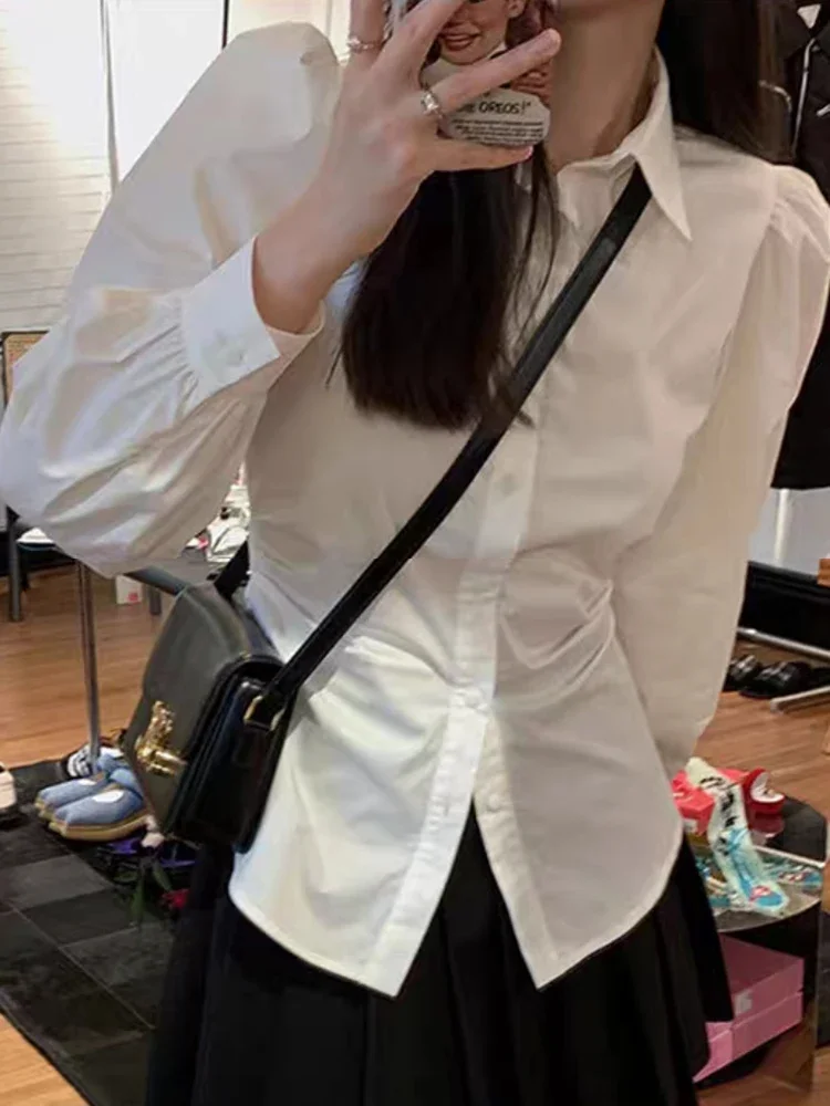 White Shirts Women Slim Puff Sleeve Office Lady Elegant Korean Style Ins Sexy College Casual Chic Fashion Spring Camisas Mujer