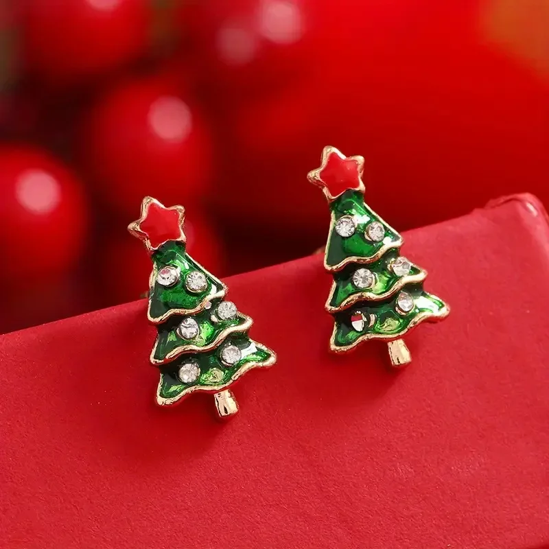 اللون الأخضر شجرة عيد الميلاد وأقراط للنساء فريدة من نوعها الصقيل المينا الأحمر نجمة مجوهرات عيد الميلاد فتاة هدية عيد الحب