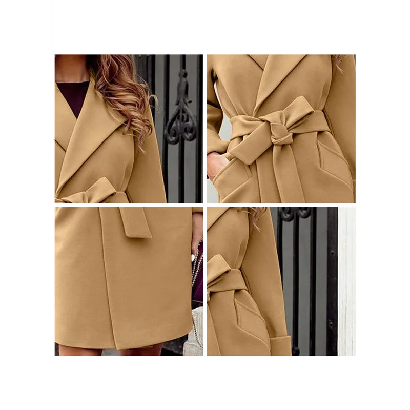 ABCA-معطف نسائي طويل خندق أنيق طية صدر السترة معطف كاجوال للخريف والشتاء مع حزام